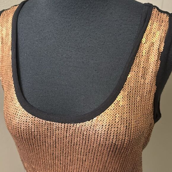 Calvin Klein rose gold sequin front black jersey stretch knit tank. Lined front. - Picture 2 of 5